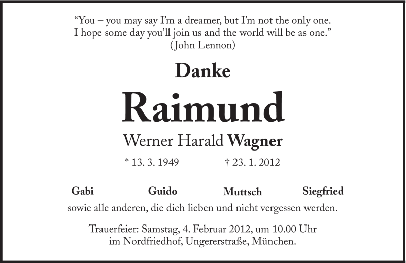  Traueranzeige für Raimund Wagner vom 28.01.2012 aus Süddeutsche Zeitung