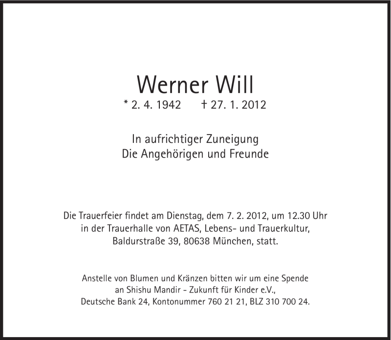  Traueranzeige für Werner Will vom 02.02.2012 aus Süddeutsche Zeitung