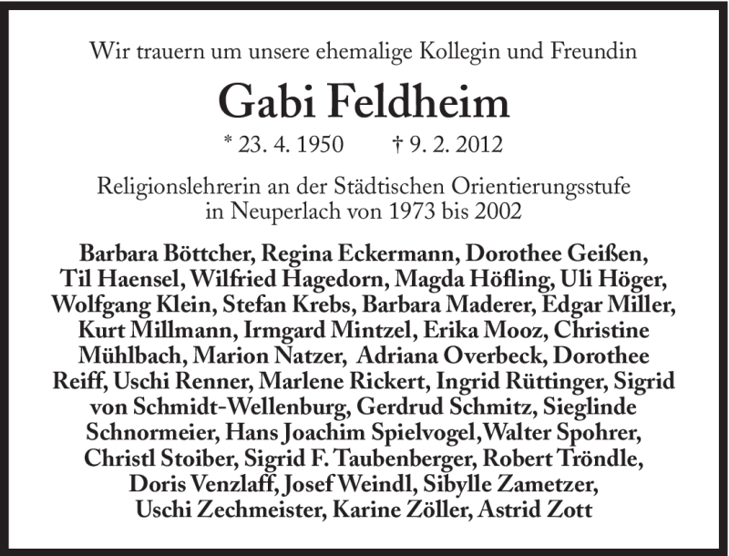 Traueranzeigen Von Gabi Feldheim Sz Gedenken De