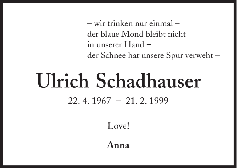  Traueranzeige für Ulrich Schadhauser vom 22.02.2012 aus Süddeutsche Zeitung