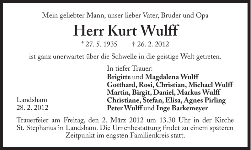 Traueranzeigen Von Kurt Wulff Sz Gedenken De