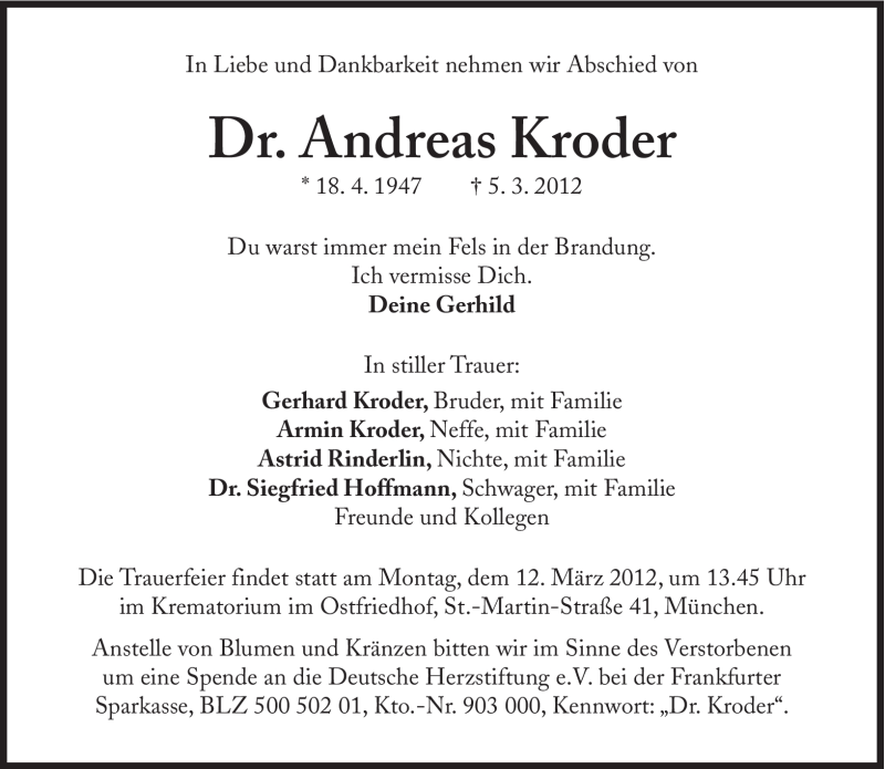  Traueranzeige für Andreas Kroder vom 07.03.2012 aus Süddeutsche Zeitung