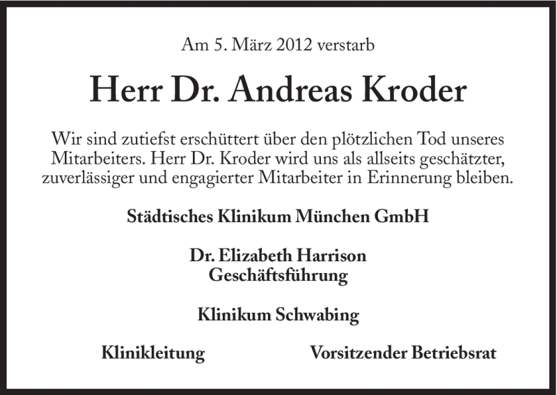  Traueranzeige für Andreas Kroder vom 09.03.2012 aus Süddeutsche Zeitung