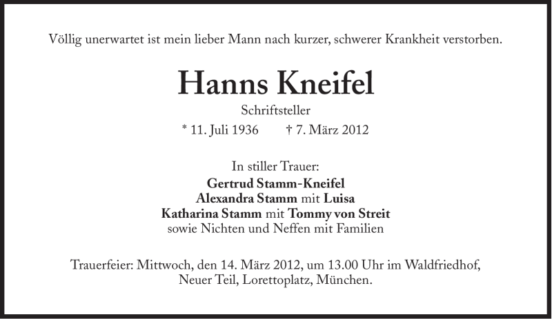  Traueranzeige für Hanns Kneifel vom 10.03.2012 aus Süddeutsche Zeitung