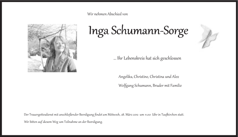  Traueranzeige für Inga Schumann-Sorge vom 24.03.2012 aus Süddeutsche Zeitung