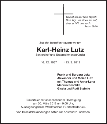 Traueranzeigen Von Karl Heinz Lutz SZ Gedenken De