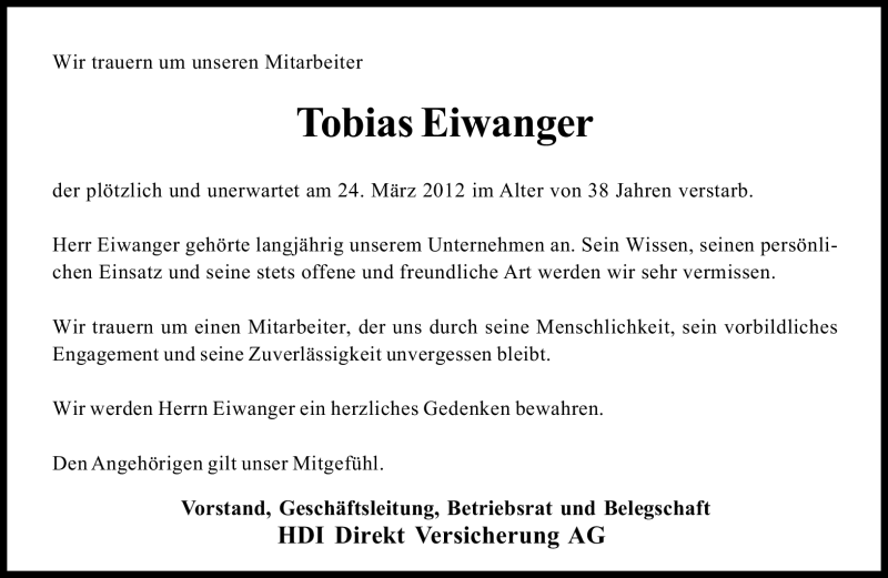  Traueranzeige für Tobias Eiwanger vom 29.03.2012 aus Süddeutsche Zeitung