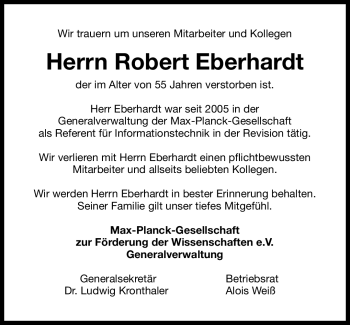 Traueranzeigen Von Robert Eberhardt Sz Gedenken De