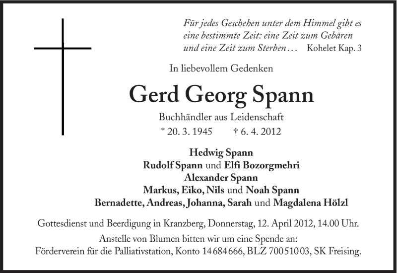  Traueranzeige für Gerd Georg Spann vom 10.04.2012 aus Süddeutsche Zeitung