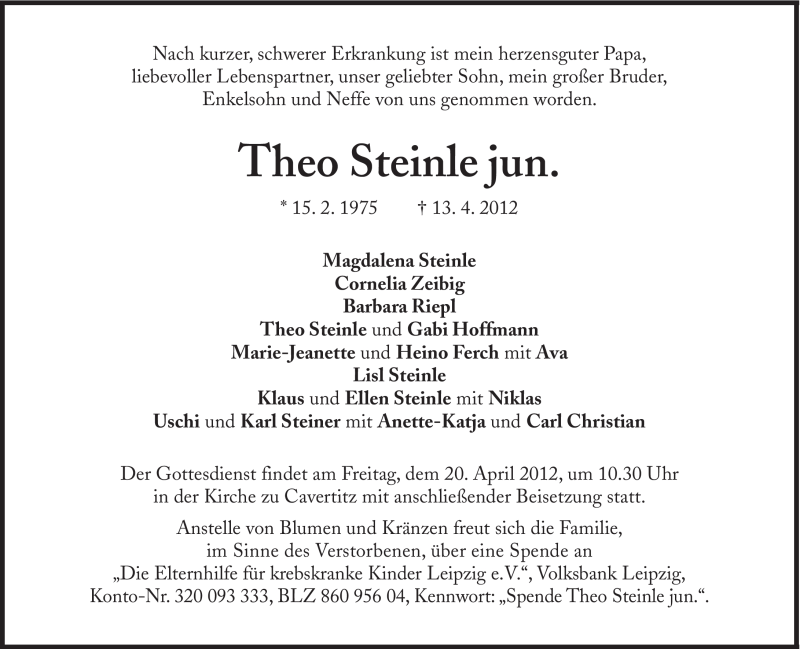  Traueranzeige für Theo Steinle vom 18.04.2012 aus Süddeutsche Zeitung
