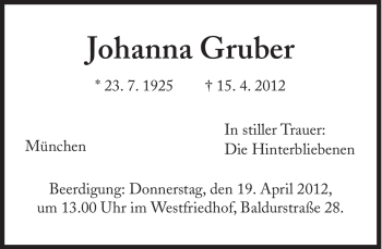 Traueranzeigen Von Johanna Gruber SZ Gedenken De