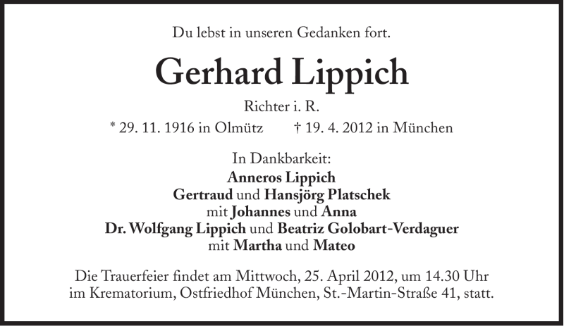  Traueranzeige für Gerhard Lippich vom 21.04.2012 aus Süddeutsche Zeitung