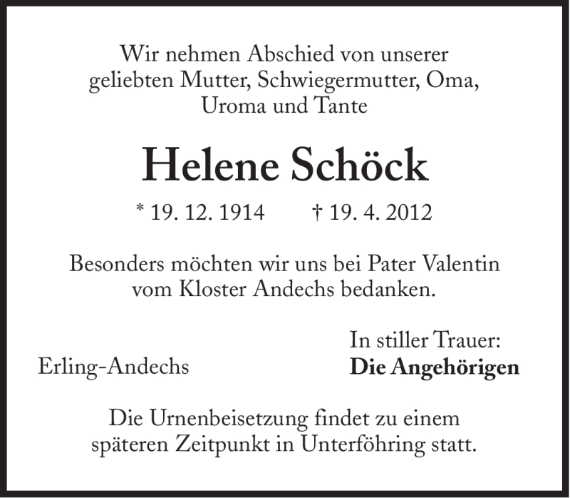  Traueranzeige für Helene Schöck vom 23.04.2012 aus Süddeutsche Zeitung