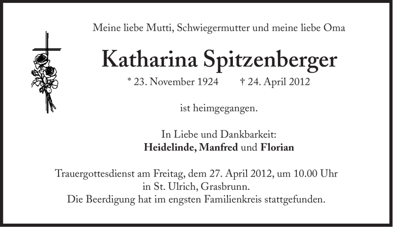  Traueranzeige für Katharina Spitzenberger vom 26.04.2012 aus Süddeutsche Zeitung