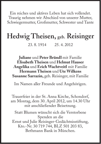 Traueranzeige von Hedwig Theisen von Süddeutsche Zeitung