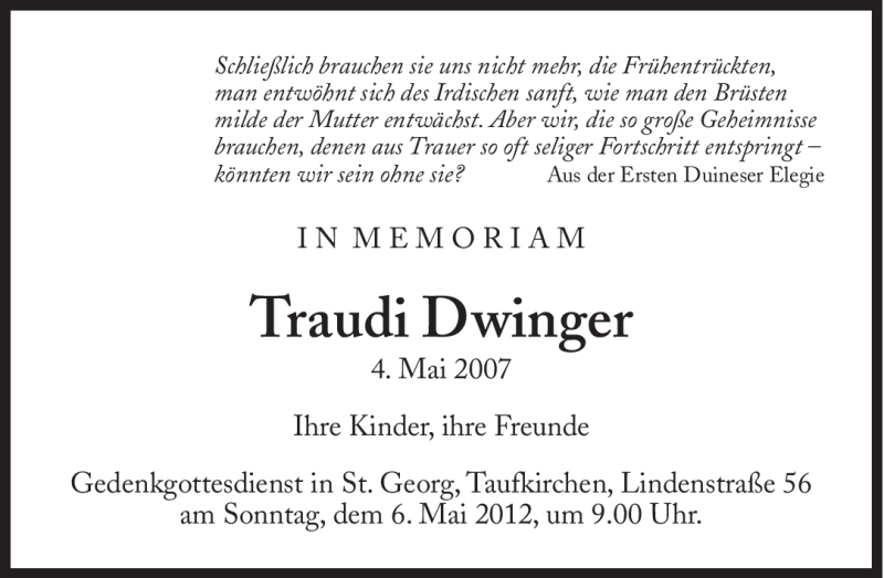  Traueranzeige für Traudi Dwinger vom 04.05.2012 aus Süddeutsche Zeitung