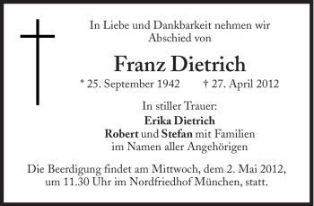 Traueranzeige von Franz Dietrich von Süddeutsche Zeitung