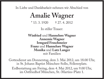 Traueranzeige von Amalie Wagner von Süddeutsche Zeitung