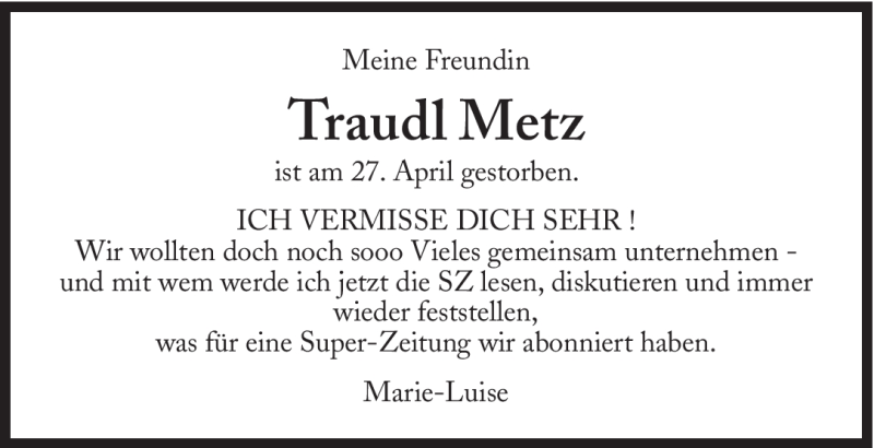 Traueranzeigen Von Traudl Metz Sz Gedenken De