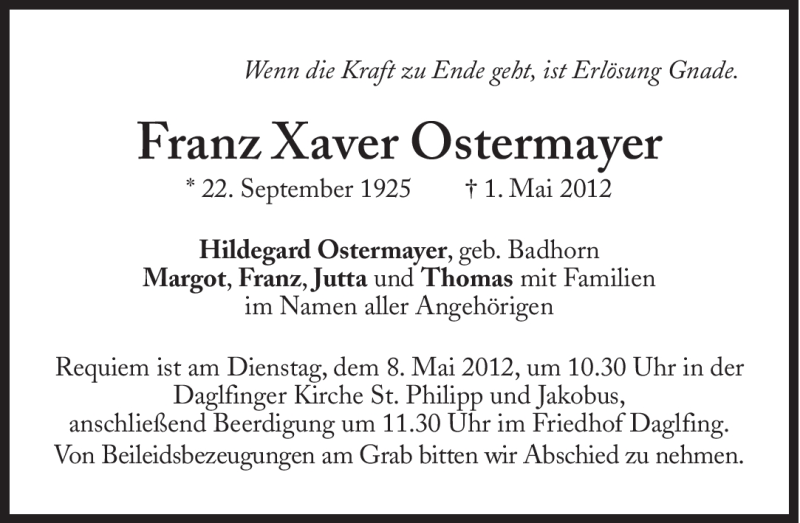 Traueranzeigen Von Franz Xaver Ostermayer SZ Gedenken De