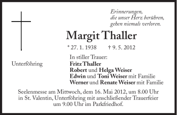 Traueranzeige von Thaller Margit von Süddeutsche Zeitung