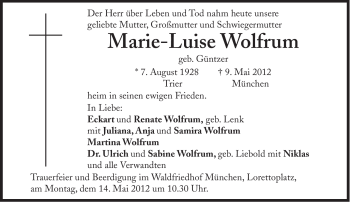 Traueranzeige von Marie-Luise Wolfrum von Süddeutsche Zeitung