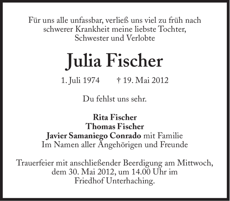 Traueranzeige für Julia Fischer vom 29.05.2012 aus Süddeutsche Zeitung