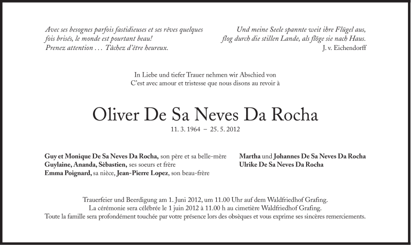  Traueranzeige für Olivier  De Sa Neves Da Rocha vom 31.05.2012 aus Süddeutsche Zeitung