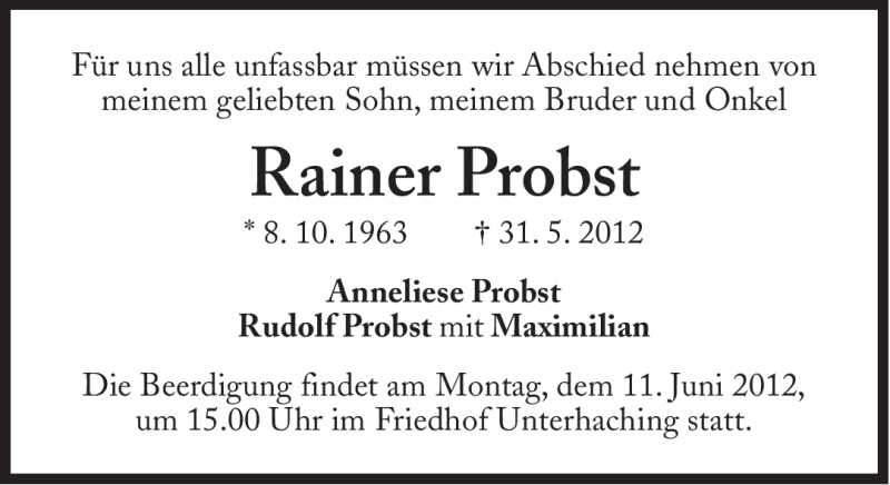  Traueranzeige für Rainer Probst vom 09.06.2012 aus Süddeutsche Zeitung