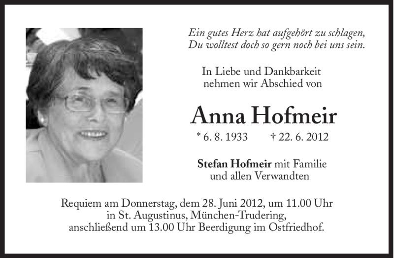 Traueranzeigen Von Anna Hofmeir Sz Gedenken De