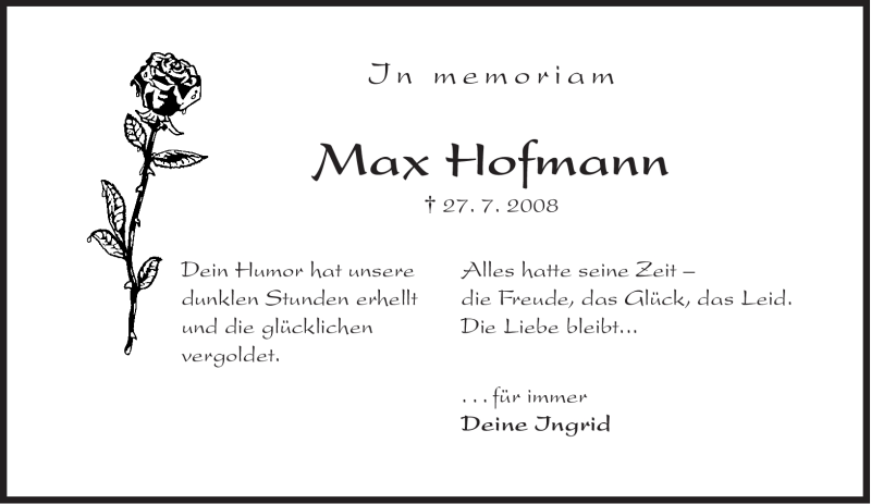  Traueranzeige für Max Hofmann vom 28.07.2012 aus Süddeutsche Zeitung