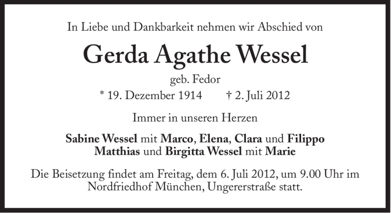 Traueranzeigen Von Gerda Agathe Wessel Sz Gedenken De