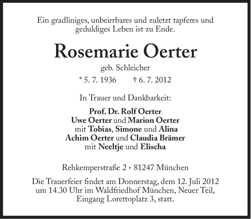 Traueranzeigen Von Rosemarie Oerter Sz Gedenken De