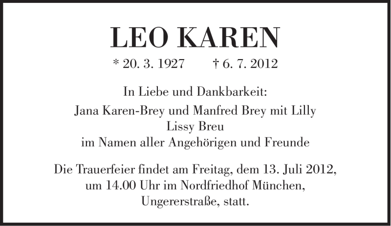 Traueranzeigen Von Leo Karen Sz Gedenken De