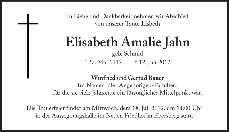 Traueranzeigen Von Elisabeth Amalie Jahn Sz Gedenken De