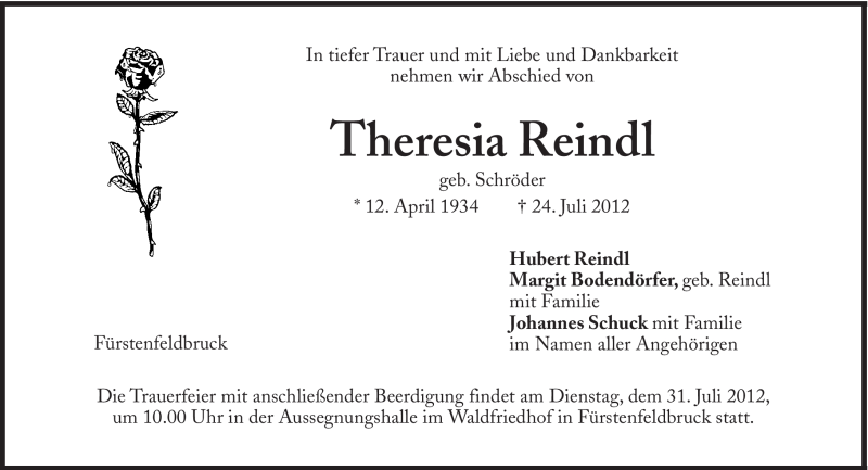 Traueranzeigen Von Theresia Reindl Sz Gedenken De