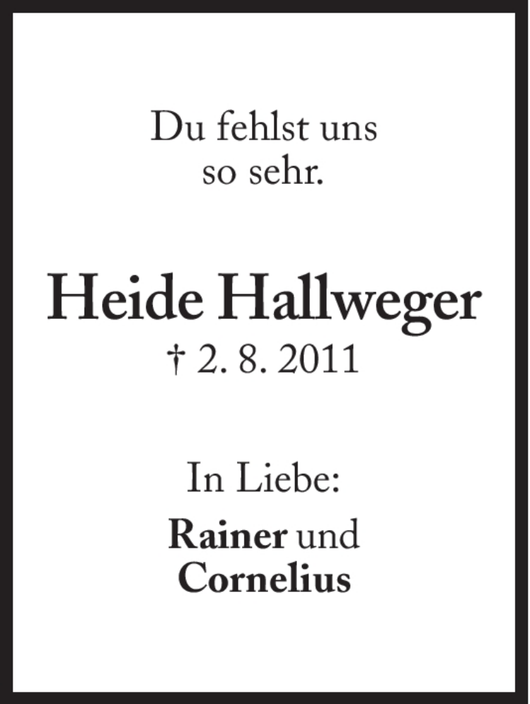  Traueranzeige für Heide Hallweger vom 02.08.2012 aus Süddeutsche Zeitung