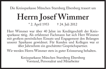 Traueranzeigen Von Josef Wimmer SZ Gedenken De