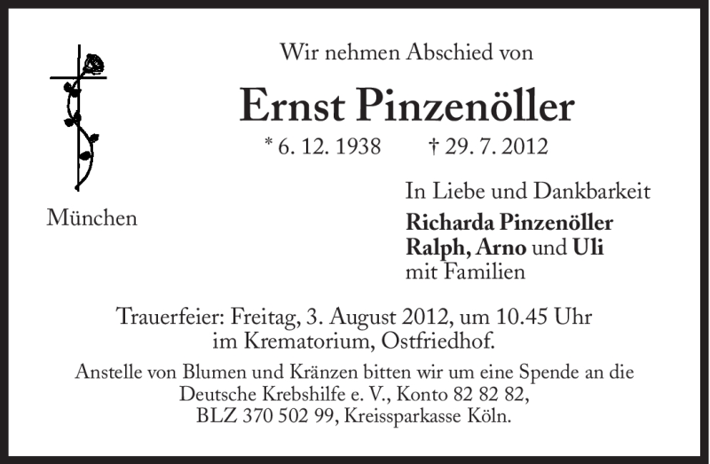  Traueranzeige für Ernst Pinzenöller vom 01.08.2012 aus Süddeutsche Zeitung