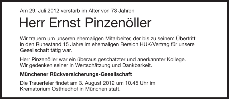  Traueranzeige für Ernst Pinzenöller vom 02.08.2012 aus Süddeutsche Zeitung