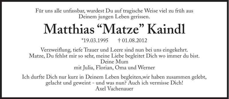  Traueranzeige für Matthias Kaindl vom 04.08.2012 aus Süddeutsche Zeitung