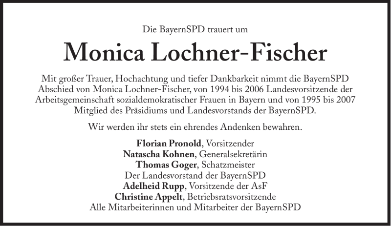  Traueranzeige für Monica Lochner-Fischer vom 04.08.2012 aus Süddeutsche Zeitung