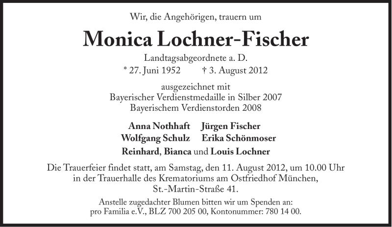  Traueranzeige für Monica Lochner-Fischer vom 07.08.2012 aus Süddeutsche Zeitung