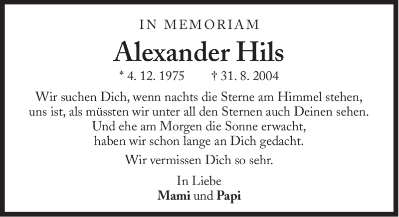 Traueranzeige für Alexander Hils vom 31.08.2012 aus Süddeutsche Zeitung