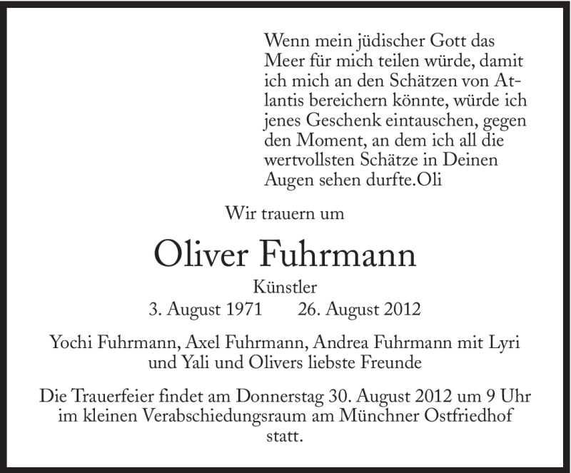  Traueranzeige für Oliver Fuhrmann vom 30.08.2012 aus Süddeutsche Zeitung