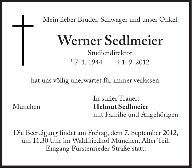  Traueranzeige für Werner Sedlmeier vom 04.09.2012 aus Süddeutsche Zeitung