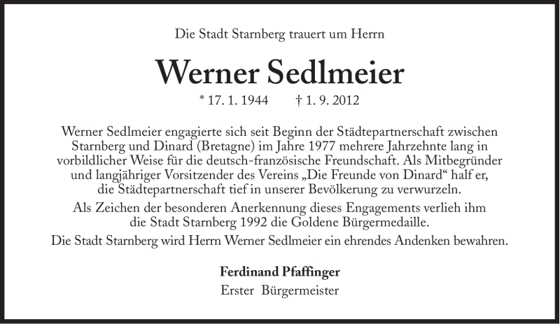 Traueranzeige für Werner Sedlmeier vom 05.09.2012 aus Süddeutsche Zeitung