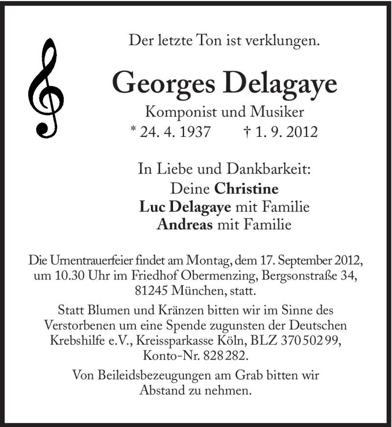  Traueranzeige für Georges Delagaye vom 08.09.2012 aus Süddeutsche Zeitung
