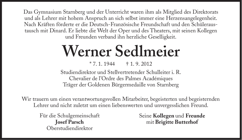  Traueranzeige für Werner Sedlmeier vom 07.09.2012 aus Süddeutsche Zeitung