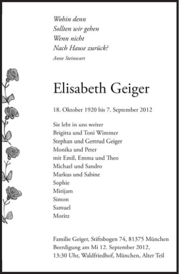 Traueranzeigen Von Elisabeth Geiger Sz Gedenken De